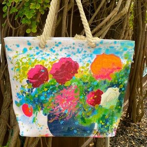 Hand Painted Floral Beach Market Tote Bag